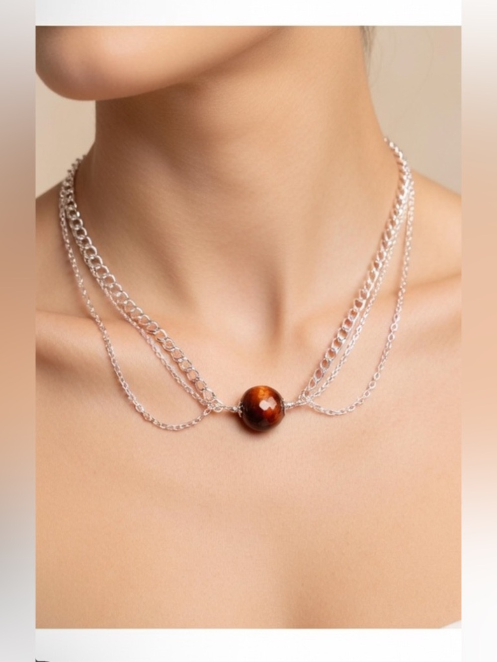 Tigress #2 Red Tigers Eye Faceted Drapped Collarbone Necklace Stainless Steel